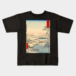 Mount Fuji from Riverbank under Snow Japanese painting Kids T-Shirt